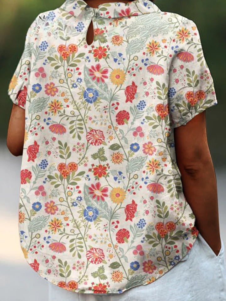 Uvella - Camisa Pastoral Floral em Algodão e Linho