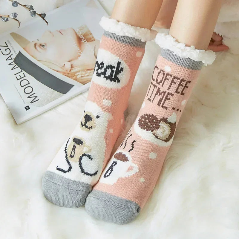Christmas Gift Slipper Socks Women Thermal Winter Warm Plush Non slip Grip Sleeping Floor Short Sock Fuzzy Fluffy Female Cartoon