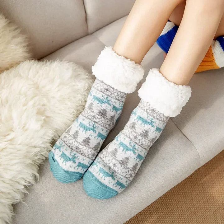 Christmas Gift Slipper Socks Women Thermal Winter Warm Plush Non slip Grip Sleeping Floor Short Sock Fuzzy Fluffy Female Cartoon