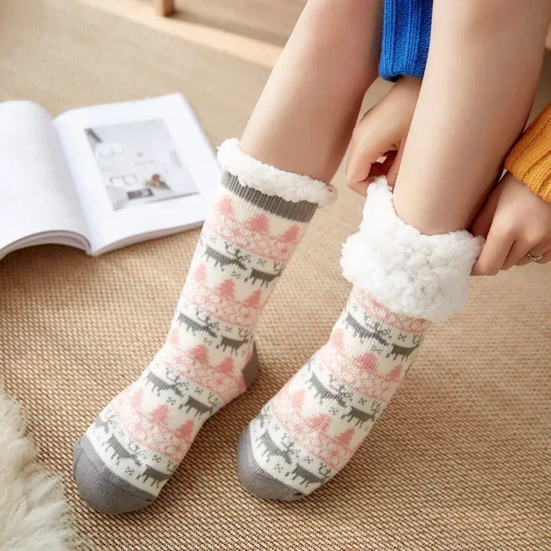 Christmas Gift Slipper Socks Women Thermal Winter Warm Plush Non slip Grip Sleeping Floor Short Sock Fuzzy Fluffy Female Cartoon