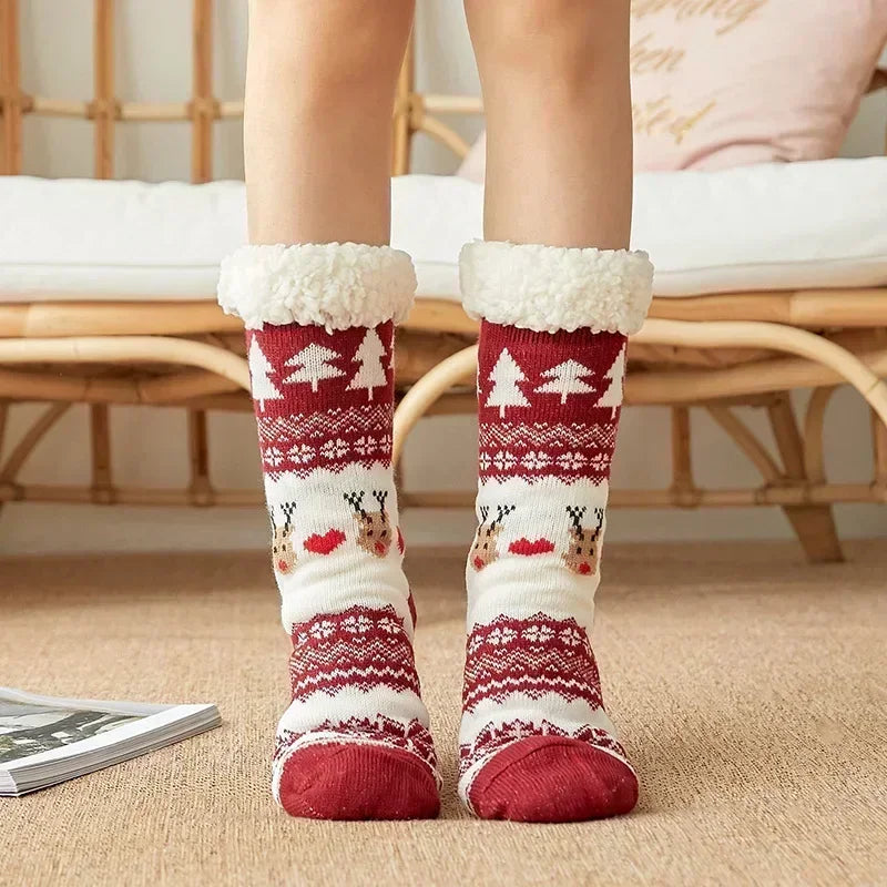 Christmas Gift Slipper Socks Women Thermal Winter Warm Plush Non slip Grip Sleeping Floor Short Sock Fuzzy Fluffy Female Cartoon