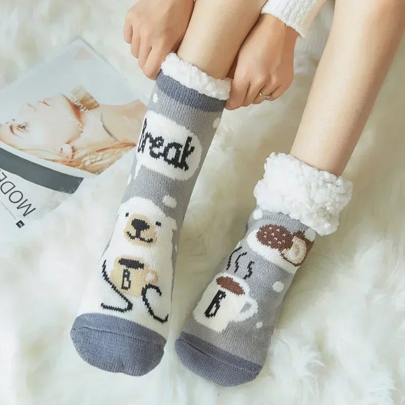 Christmas Gift Slipper Socks Women Thermal Winter Warm Plush Non slip Grip Sleeping Floor Short Sock Fuzzy Fluffy Female Cartoon