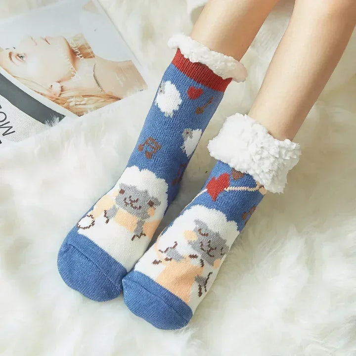 Christmas Gift Slipper Socks Women Thermal Winter Warm Plush Non slip Grip Sleeping Floor Short Sock Fuzzy Fluffy Female Cartoon