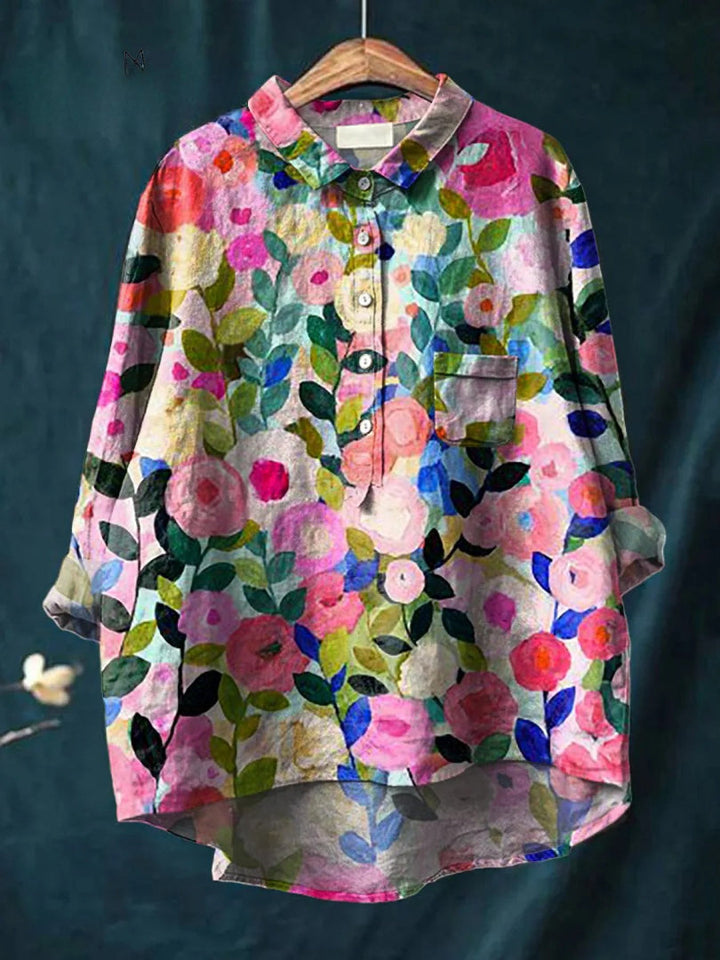 Odelia - Camisa de Algodão Linho com Estampado Floral Colorido