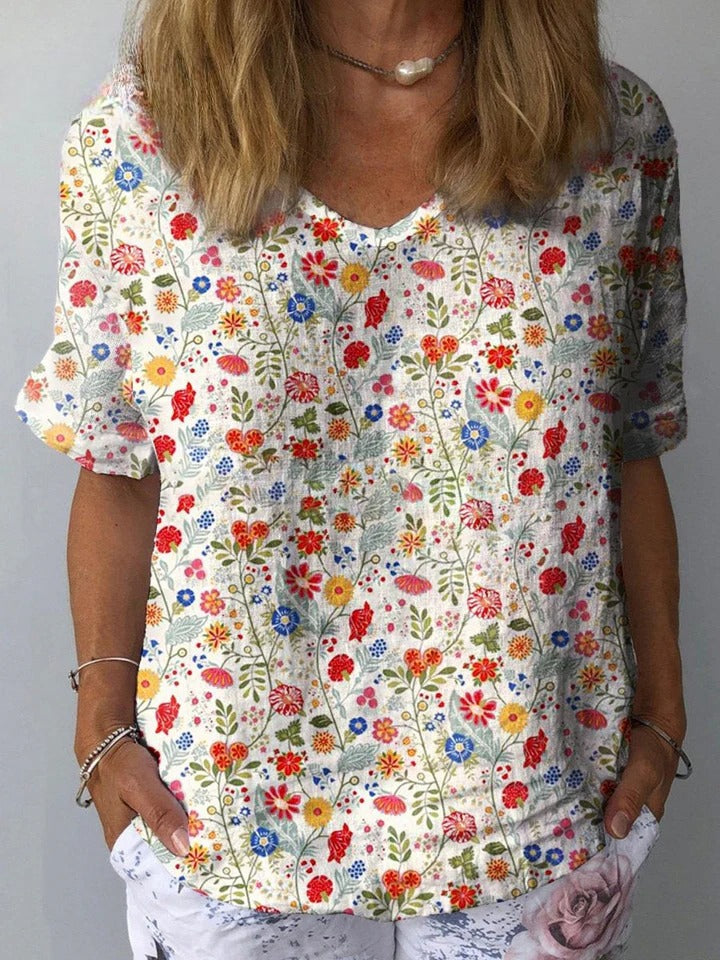 Uvella - Camisa Pastoral Floral em Algodão e Linho