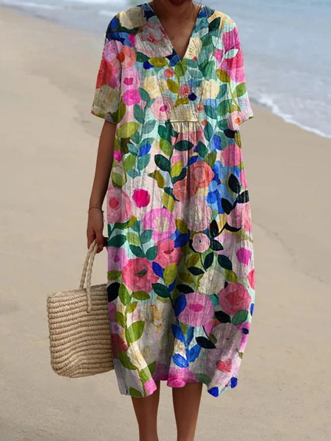 Odelia - Camisa de Algodão Linho com Estampado Floral Colorido