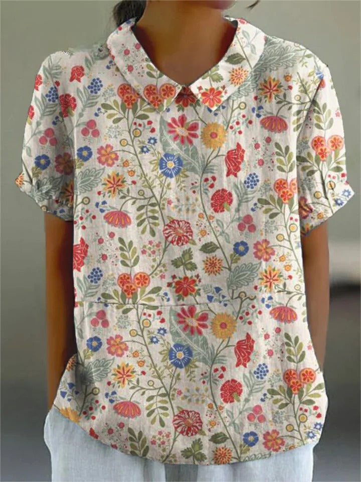 Uvella - Camisa Pastoral Floral em Algodão e Linho