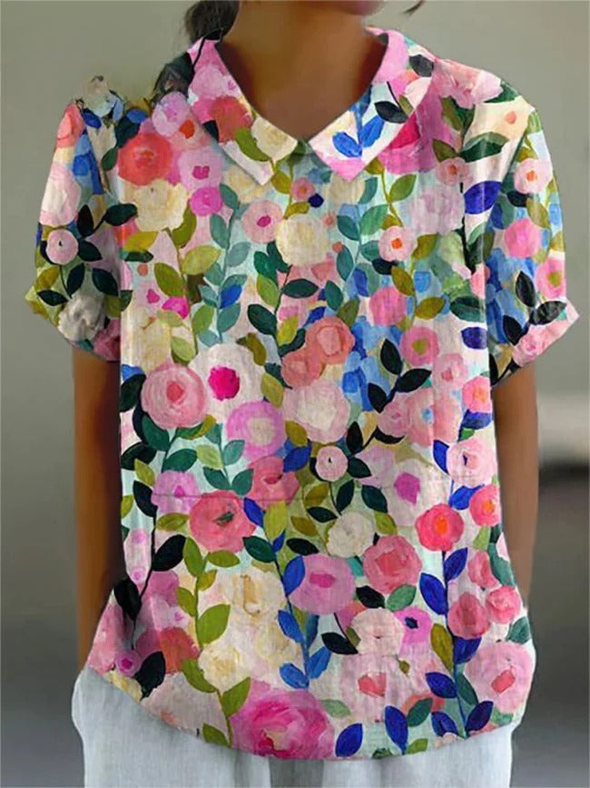 Odelia - Camisa de Algodão Linho com Estampado Floral Colorido